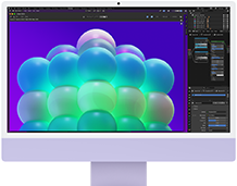 iMac, parte delantera, color púrpura, la pantalla muestra una estructura de burbujas de colores en una app de edición de imágenes