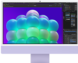 iMac, parte delantera, color púrpura, la pantalla muestra una estructura de burbujas de colores en una app de edición de imágenes
