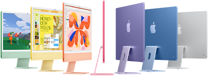 Siete modelos de iMac en los colores verde, amarillo, naranja, rosa, púrpura, azul y plata dispuestos en forma de acordeón