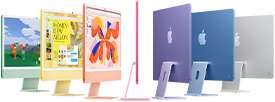 Siete modelos de iMac en los colores verde, amarillo, naranja, rosa, púrpura, azul y plata dispuestos en forma de acordeón