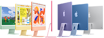 Siete modelos de iMac en los colores verde, amarillo, naranja, rosa, púrpura, azul y plata dispuestos en forma de acordeón