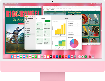 iMac, parte delantera, color rosa, la pantalla muestra varias apps abiertas