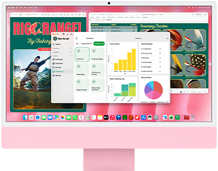 iMac, parte delantera, color rosa, la pantalla muestra varias apps abiertas