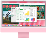 iMac, parte delantera, color rosa, la pantalla muestra varias apps abiertas
