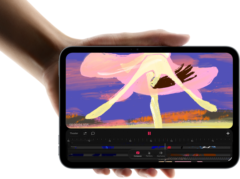 iPad mini, sostenido por una mano, parte delantera, aparece en la pantalla una interfaz de edición de vídeo con clips a todo color, debajo se menciona el chip A20 Pro