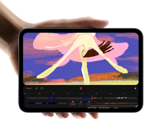 iPad mini, sostenido por una mano, parte delantera, aparece en la pantalla una interfaz de edición de vídeo con clips a todo color, debajo se menciona el chip A20 Pro