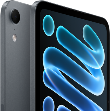 iPad mini, color medianoche, parte trasera que muestra la ubicación de la cámara y parte delantera en diagonal con textos que ilustran el servicio de AppleCare+