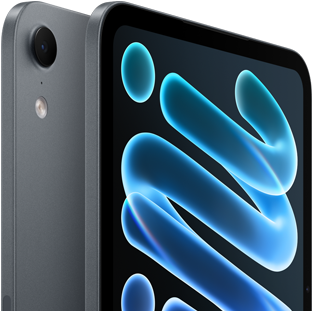 iPad mini, color medianoche, parte trasera que muestra la ubicación de la cámara y parte delantera en diagonal con textos que ilustran el servicio de AppleCare+