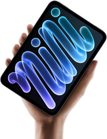 iPad mini, parte delantera, sostenido por una mano, con carcasa negra y una composición abstracta de formas azules y moradas en la pantalla
