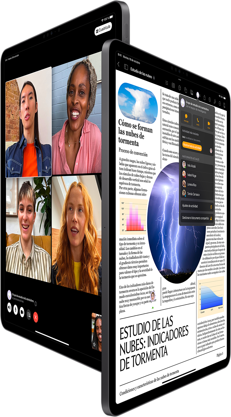 Una llamada FaceTime de grupo y las opciones de colaboración de Pages se muestran en dos iPad Pro