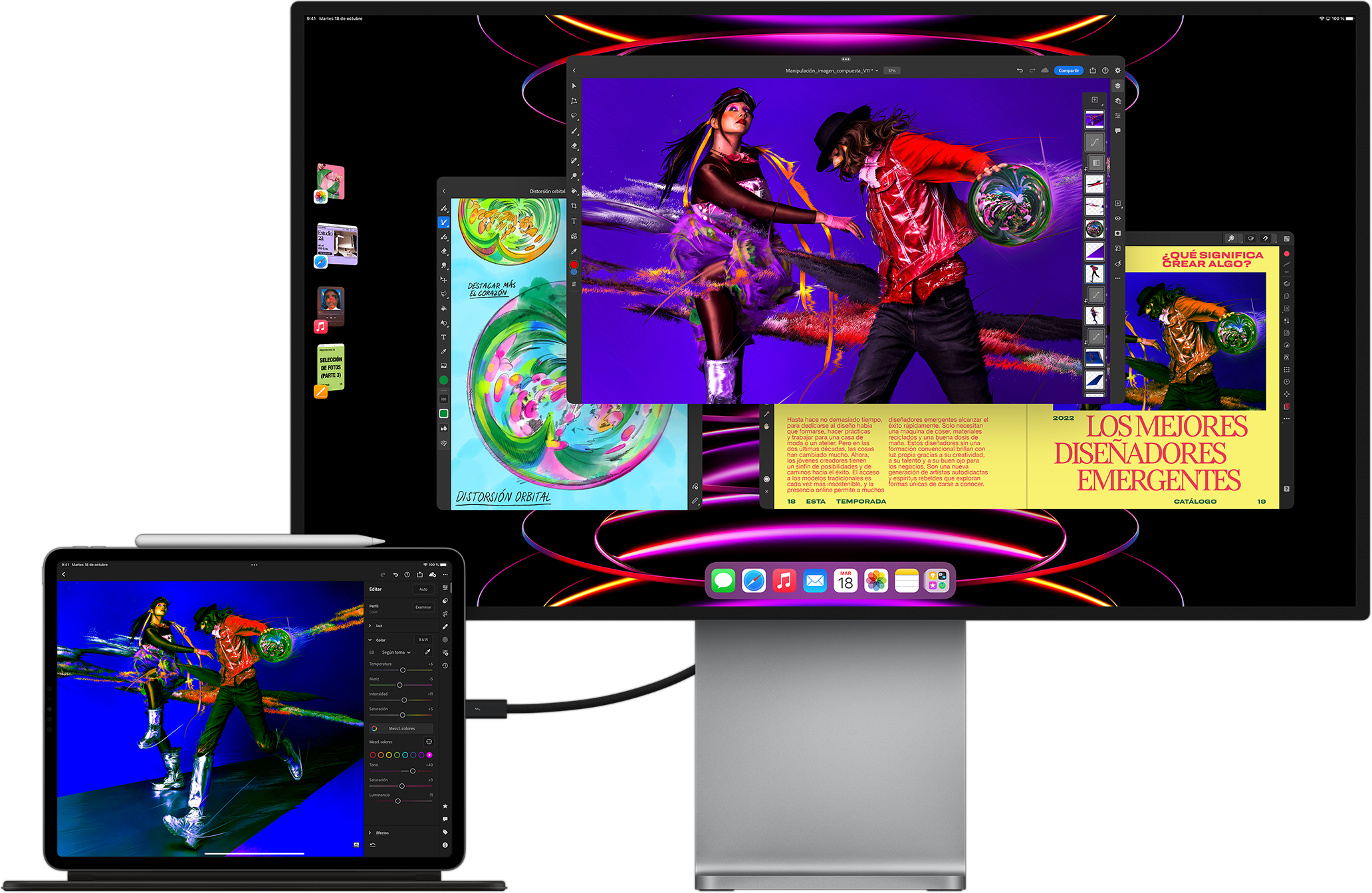 iPad Pro con la app Adobe Lightroom en pantalla conectado a un monitor externo con Organizador Visual abierto