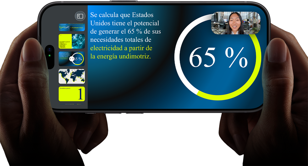 Videollamada horizontal que muestra una presentación de Keynote en un iPhone 18 Pro en negro