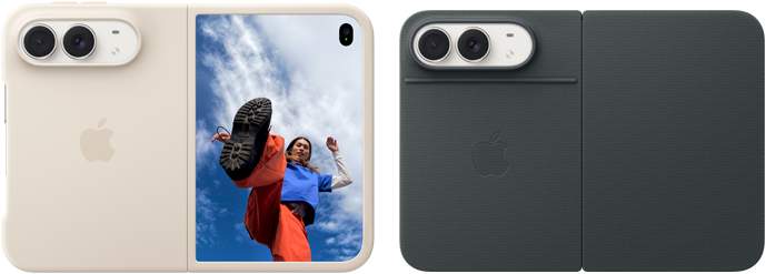 iPhone Duo, color blanco estelar con funda de silicona color arena, posición horizontal, totalmente abierto, sistema de cámara dual Fusion en la esquina superior izquierda, la funda cubre la parte trasera y el contorno exterior de la pantalla frontal, a la derecha se muestra la pantalla exterior con el retrato de una persona. iPhone Duo, color blanco estelar, totalmente abierto en horizontal, funda Folio en color azul marino con soporte, totalmente abierto en horizontal, parte trasera con el sistema de cámara dual Fusion de 48 Mpx, dos objetivos