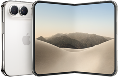 iPhone Duo, parte trasera, cerrado, color blanco estelar, sistema de cámara dual Fusion en la esquina superior izquierda, logo de Apple en el centro. Pantalla interior abierta, diseño de borde a borde, esquinas redondeadas.